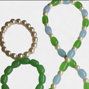 Glass Bead Matching Necklace and Bracelet Set Green Blue and Faux Pearl Bracelet